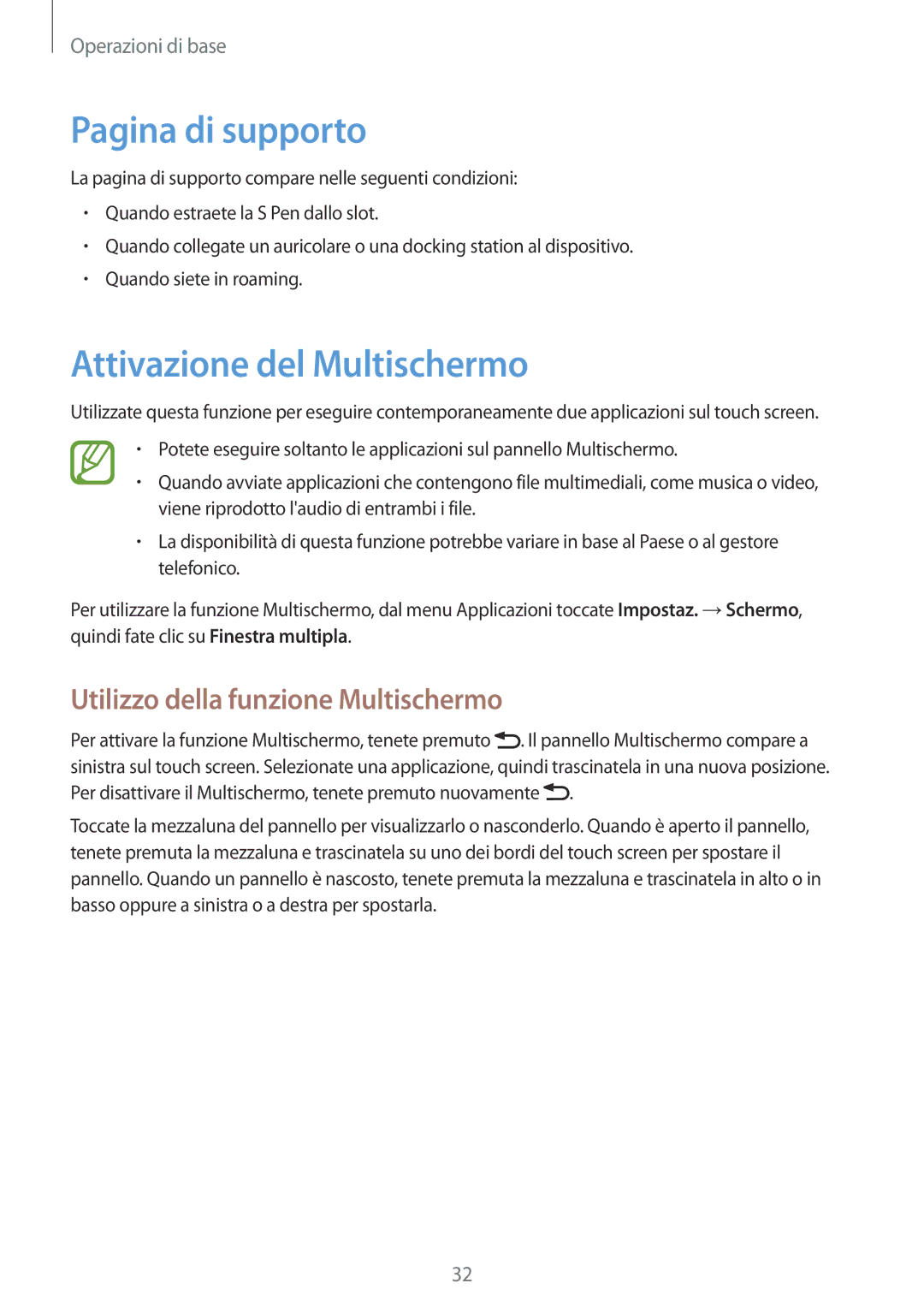 Samsung GT-N7100VSDTIM manual Pagina di supporto, Attivazione del Multischermo, Utilizzo della funzione Multischermo 