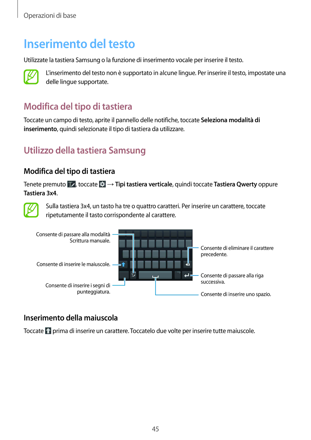 Samsung GT-N7100TADXSG manual Inserimento del testo, Modifica del tipo di tastiera, Utilizzo della tastiera Samsung 