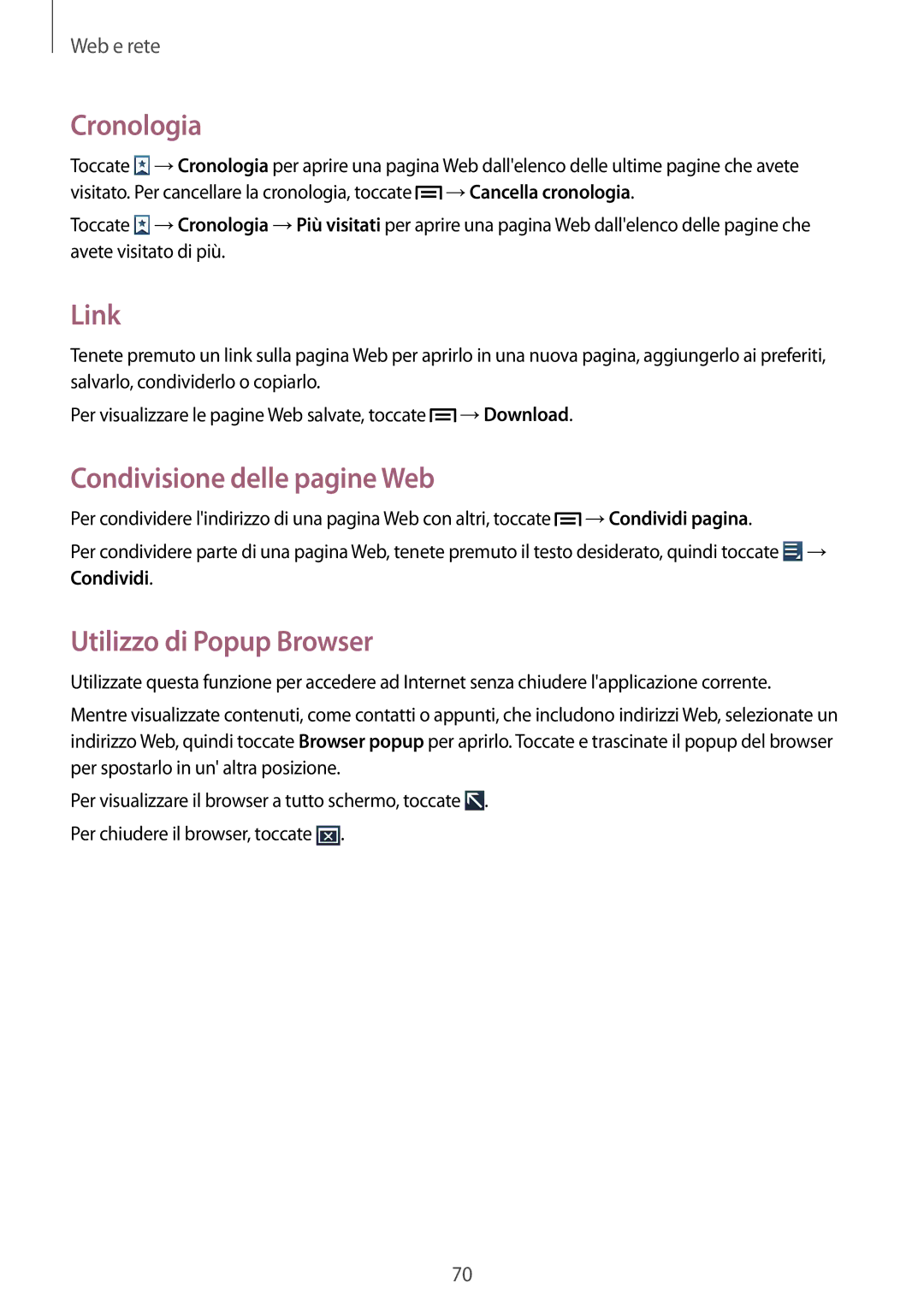 Samsung GT-N7100RWDWIN, GT-N7100ZRDTUR manual Cronologia, Link, Condivisione delle pagine Web, Utilizzo di Popup Browser 