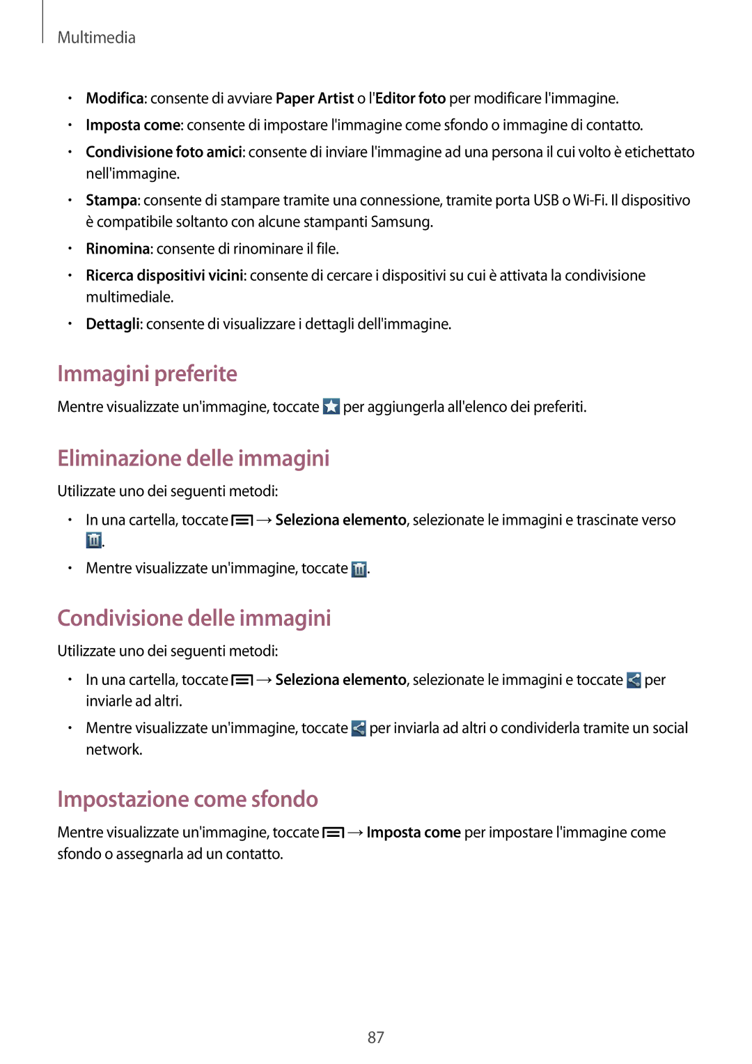 Samsung GT-N7100RWDTIM, GT-N7100ZRDTUR manual Immagini preferite, Eliminazione delle immagini, Condivisione delle immagini 