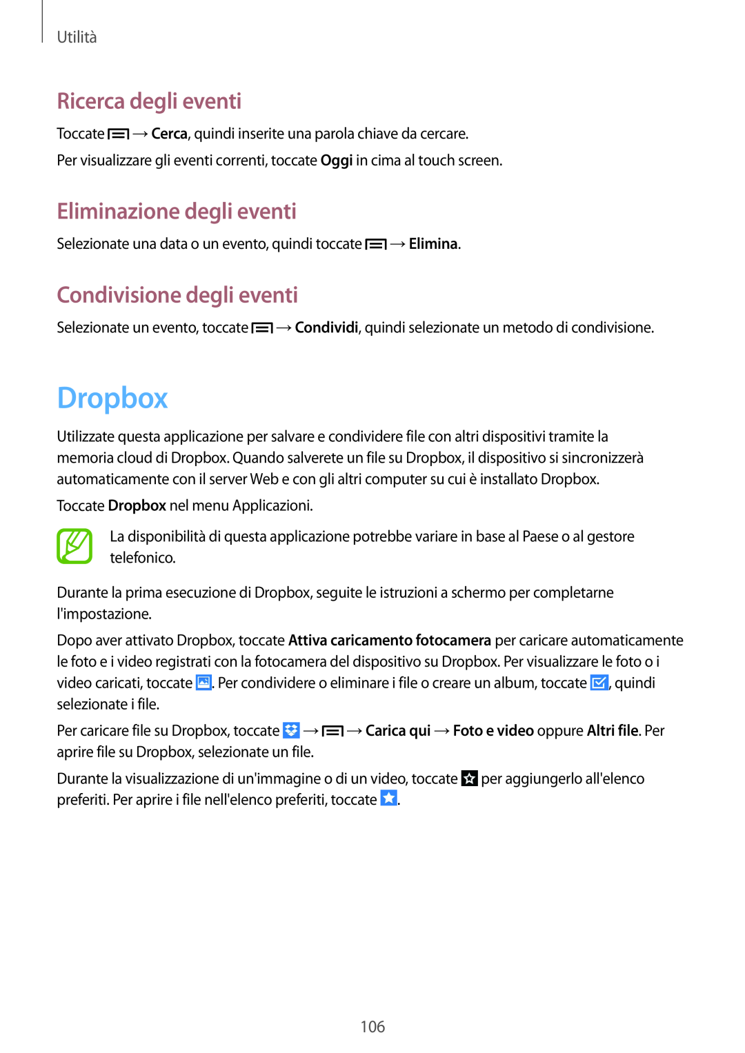 Samsung GT-N7100TADOMN manual Dropbox, Ricerca degli eventi, Eliminazione degli eventi, Condivisione degli eventi, Utilità 