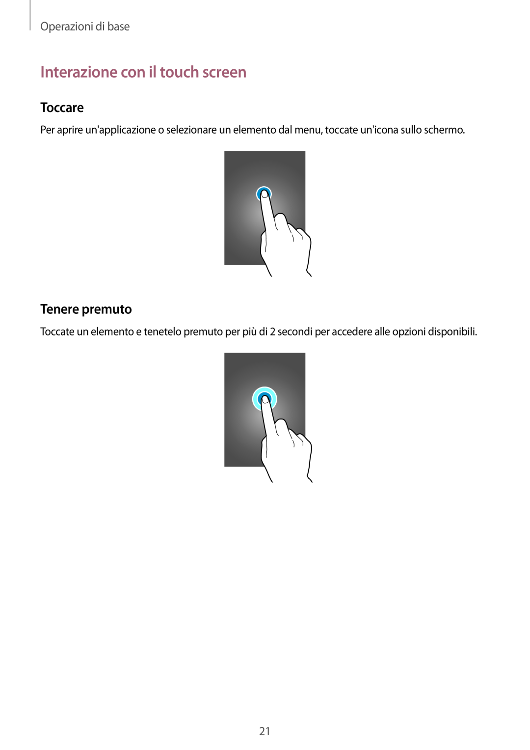 Samsung GT-N7100RWDHUI, GT-N7100ZRDTUR manual Interazione con il touch screen, Toccare, Tenere premuto, Operazioni di base 