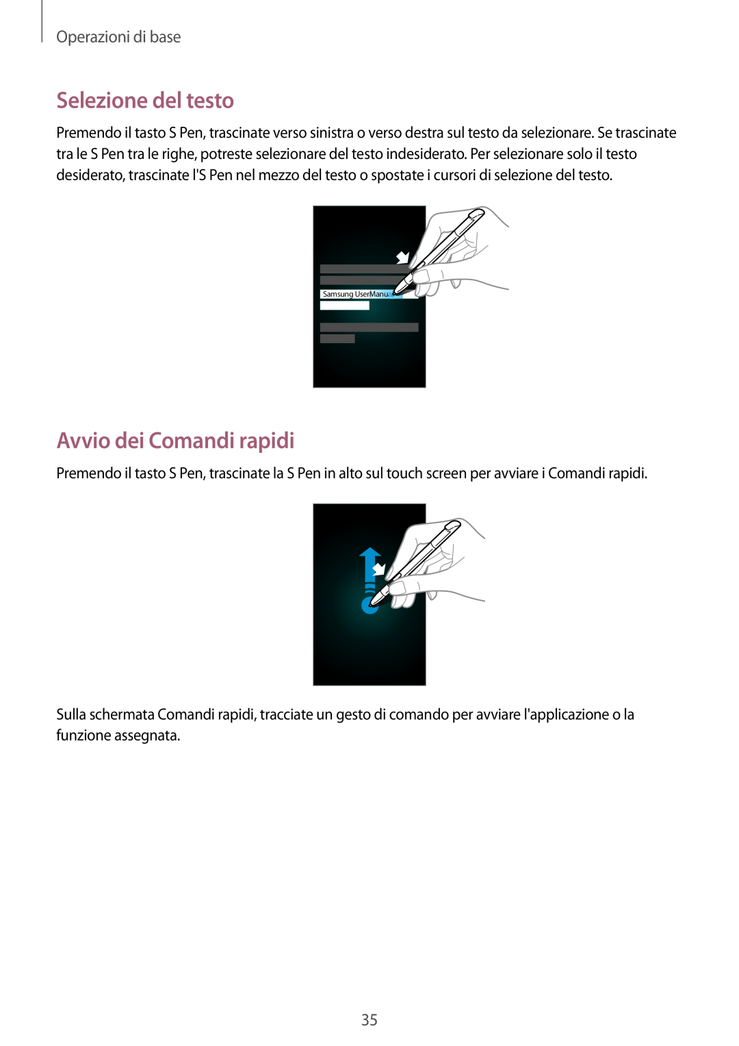 Samsung GT-N7100VSDHUI manual Selezione del testo, Avvio dei Comandi rapidi, Operazioni di base, Samsung UserManual 