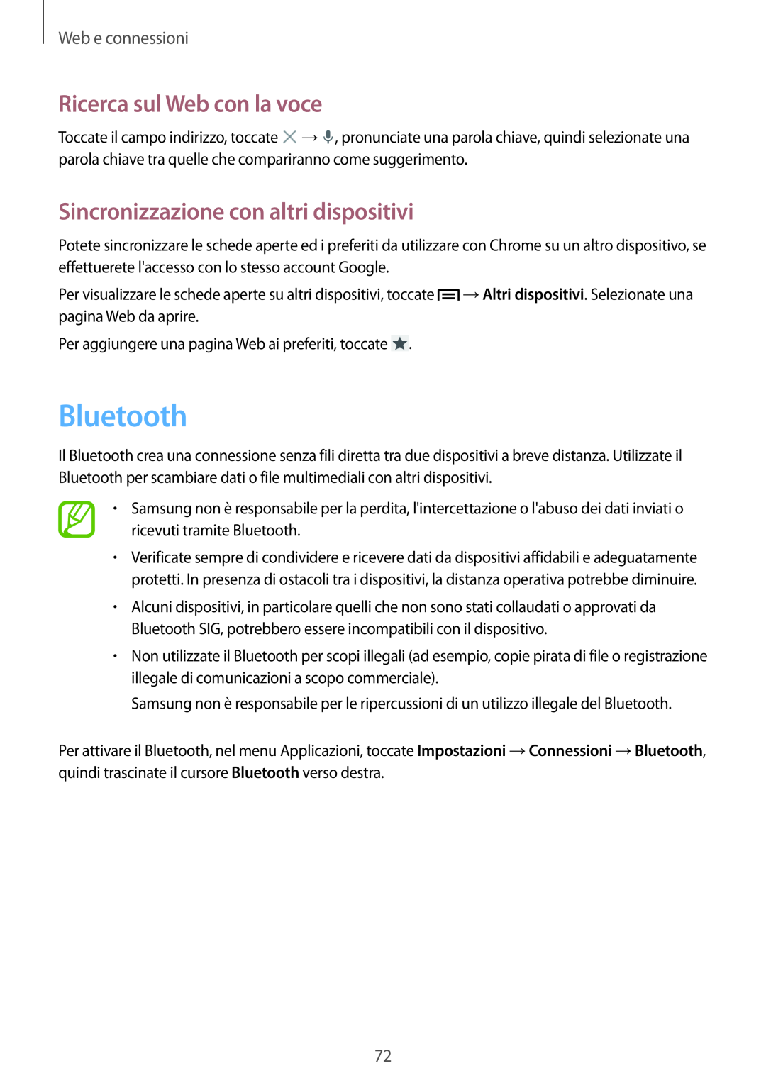 Samsung GT-N7100RWDITV Bluetooth, Sincronizzazione con altri dispositivi, Ricerca sul Web con la voce, Web e connessioni 