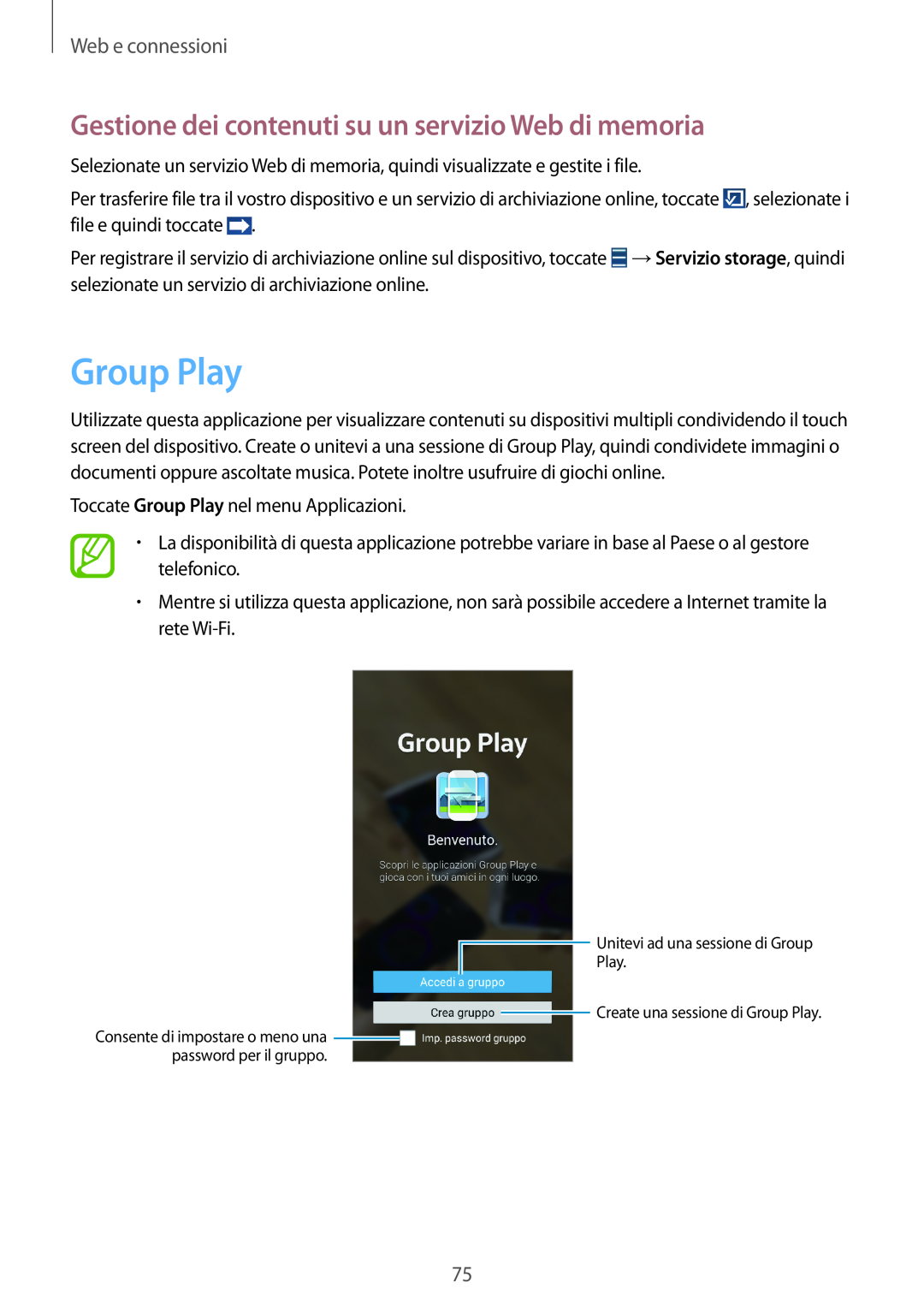 Samsung GT-N7100VSDOMN, GT-N7100ZRDTUR Group Play, Gestione dei contenuti su un servizio Web di memoria, Web e connessioni 