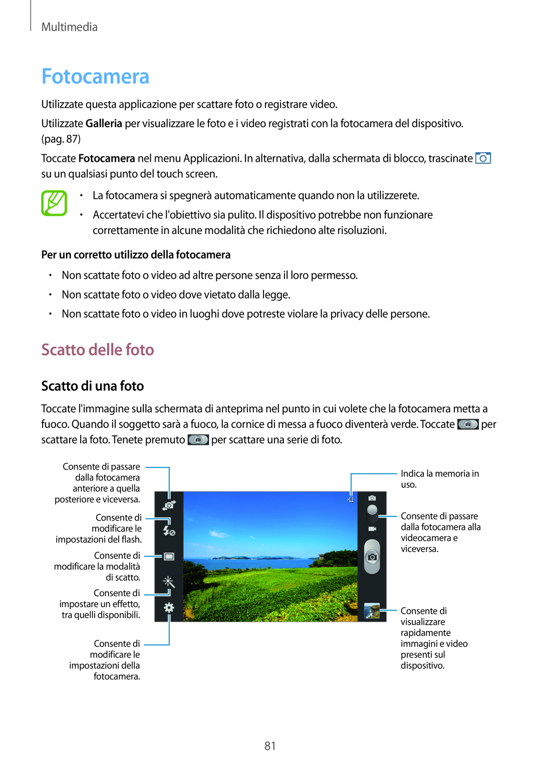 Samsung GT-N7100VSDHUI manual Fotocamera, Scatto delle foto, Scatto di una foto, Per un corretto utilizzo della fotocamera 