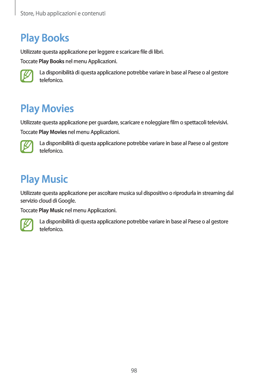 Samsung GT-N7100VSDOMN, GT-N7100ZRDTUR manual Play Books, Play Movies, Play Music, Store, Hub applicazioni e contenuti 
