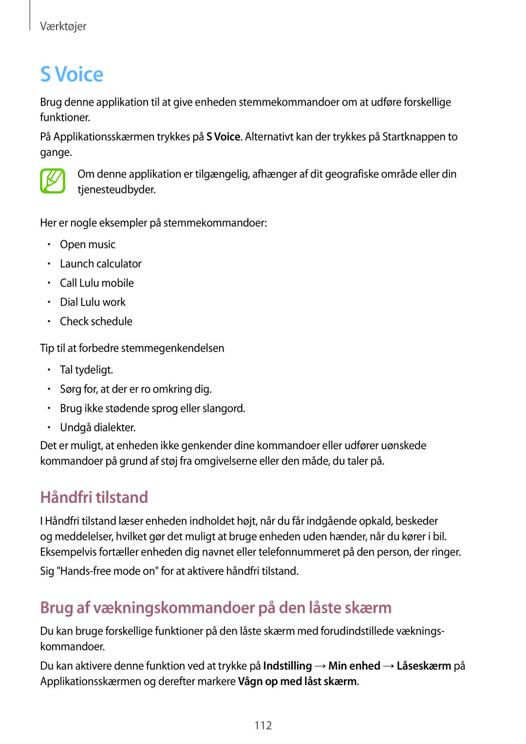 Samsung GT-N7105ZNDNEE, GT-N7105RWDNEE manual Voice, Håndfri tilstand, Brug af vækningskommandoer på den låste skærm 