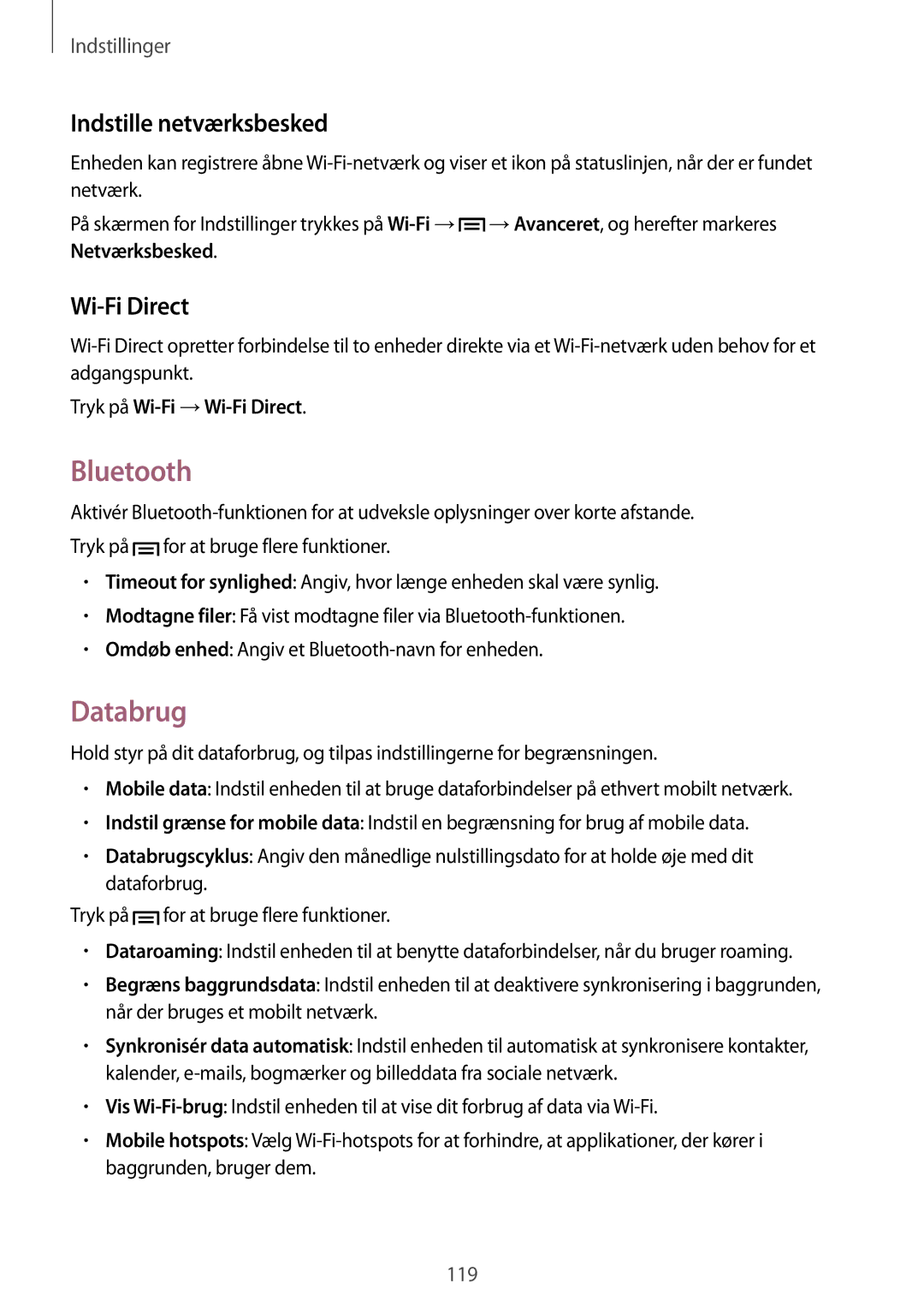 Samsung GT-N7105ZBDNEE, GT-N7105RWDNEE manual Bluetooth, Databrug, Indstille netværksbesked, Tryk på Wi-Fi →Wi-Fi Direct 