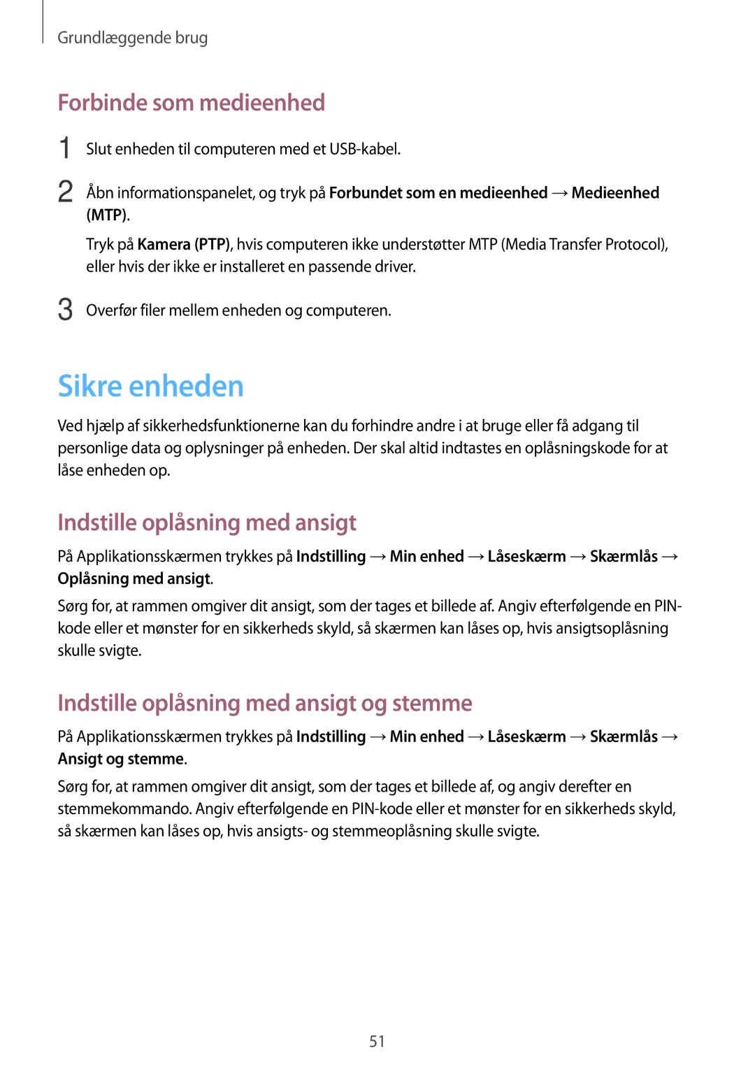 Samsung GT-N7105TADVDS, GT-N7105RWDNEE manual Sikre enheden, Forbinde som medieenhed, Indstille oplåsning med ansigt 