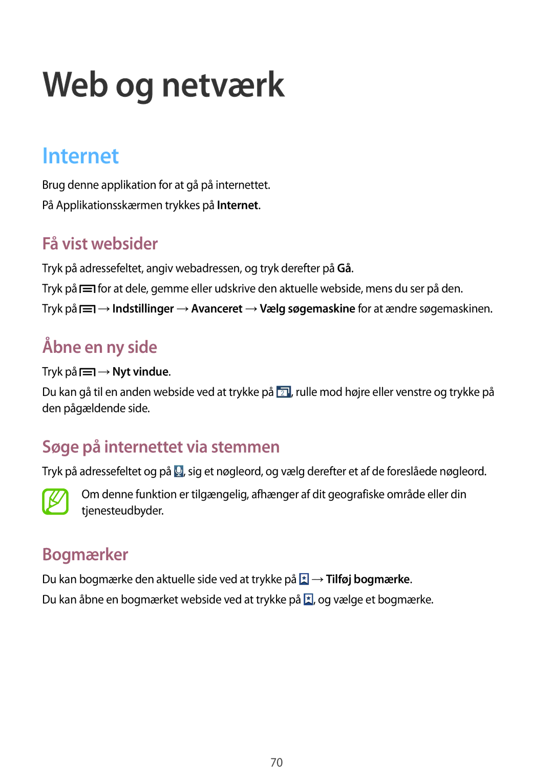 Samsung GT-N7105RWDTLA manual Internet, Få vist websider, Åbne en ny side, Søge på internettet via stemmen, Bogmærker 