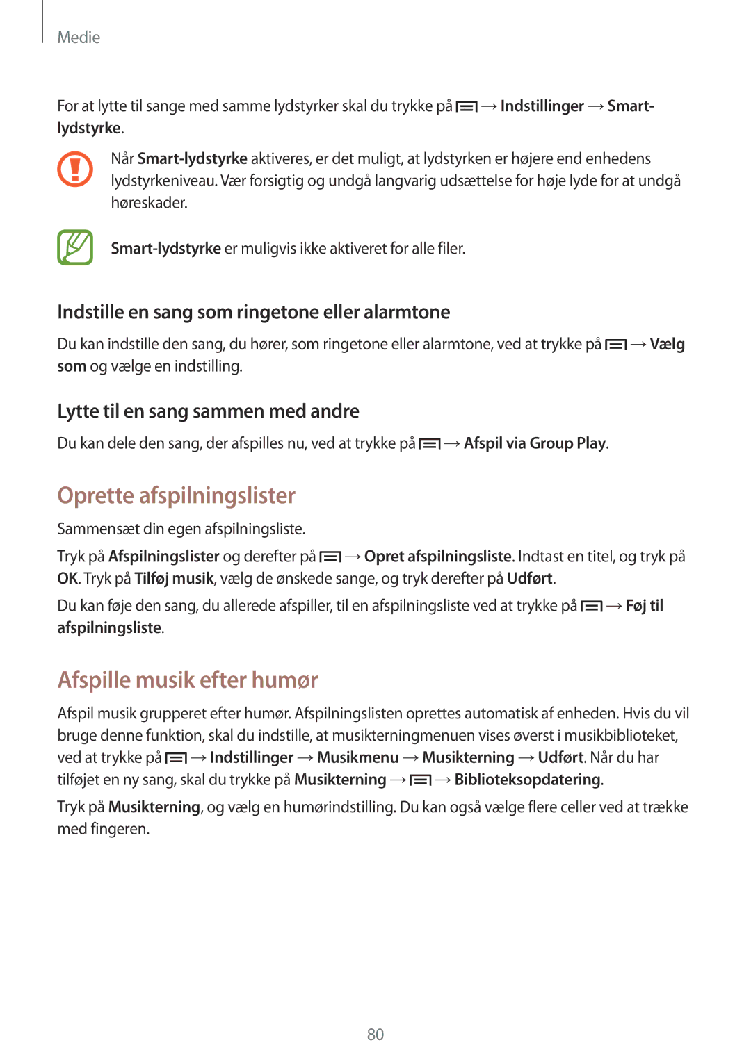 Samsung GT-N7105TADTLA manual Oprette afspilningslister, Afspille musik efter humør, Lytte til en sang sammen med andre 