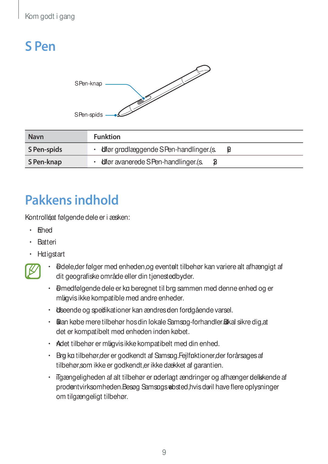 Samsung GT-N7105RWDNEE, GT-N7105TADNEE, GT-N7105ZBDNEE manual Pakkens indhold, Navn Funktion Pen-spids, Pen-knap 