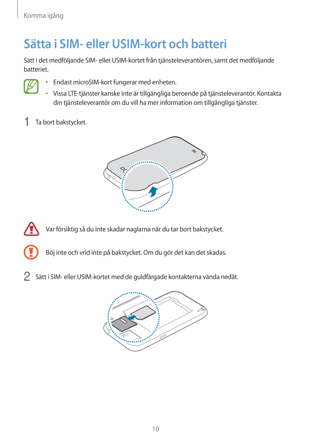 Samsung GT-N7105TADNEE, GT-N7105RWDNEE, GT-N7105ZBDNEE, GT-N7105ZRDNEE manual Sätta i SIM- eller USIM-kort och batteri 