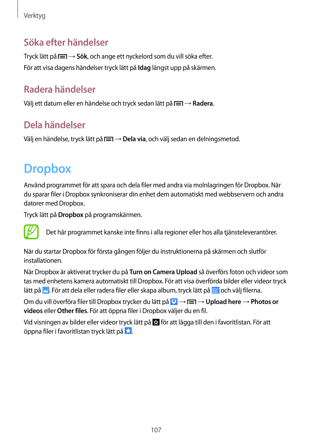 Samsung GT-N7105TADTLA, GT-N7105RWDNEE, GT-N7105TADNEE manual Dropbox, Söka efter händelser, Radera händelser, Dela händelser 