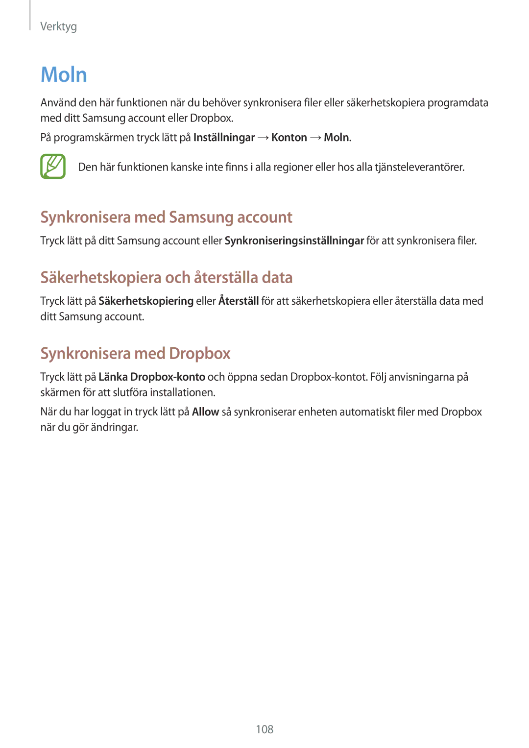 Samsung GT-N7105RWDNEE, GT-N7105TADNEE manual Moln, Synkronisera med Samsung account, Säkerhetskopiera och återställa data 