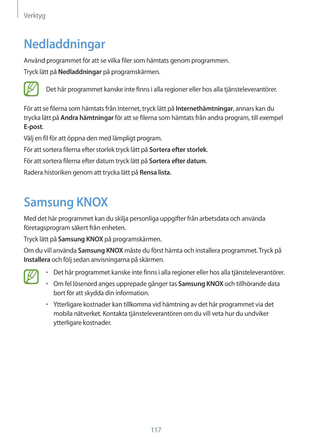 Samsung GT-N7105RWDNEE, GT-N7105TADNEE, GT-N7105ZBDNEE, GT-N7105ZRDNEE, GT-N7105ZNDNEE manual Nedladdningar, Samsung Knox 