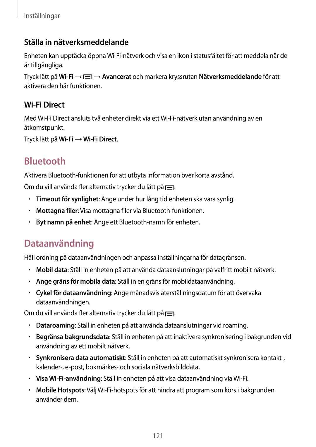 Samsung GT-N7105ZNDNEE, GT-N7105RWDNEE manual Bluetooth, Dataanvändning, Ställa in nätverksmeddelande, Wi-Fi Direct 