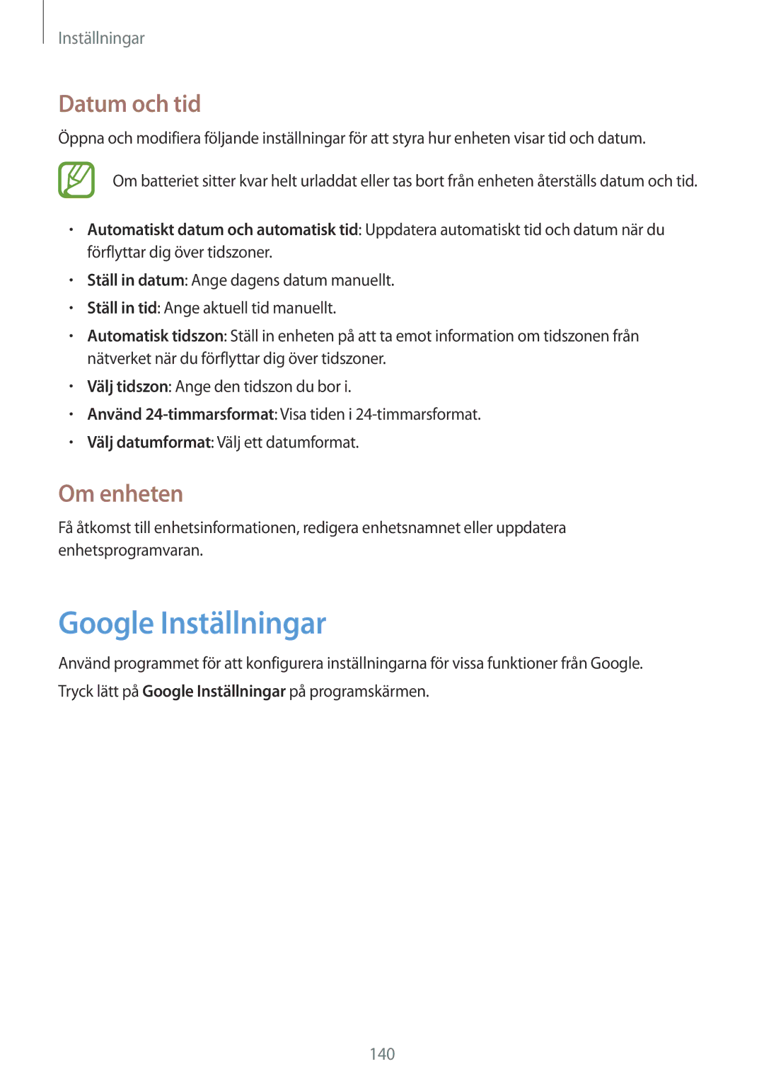 Samsung GT-N7105TADHTD, GT-N7105RWDNEE, GT-N7105TADNEE, GT-N7105ZBDNEE manual Google Inställningar, Datum och tid, Om enheten 