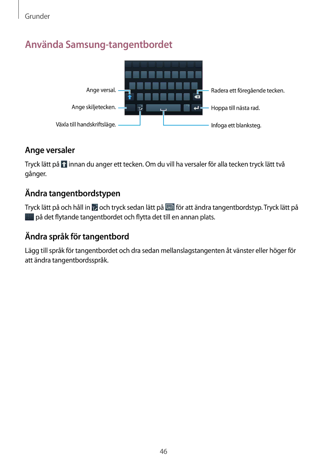 Samsung GT-N7105TADNEE Använda Samsung-tangentbordet, Ange versaler, Ändra tangentbordstypen, Ändra språk för tangentbord 