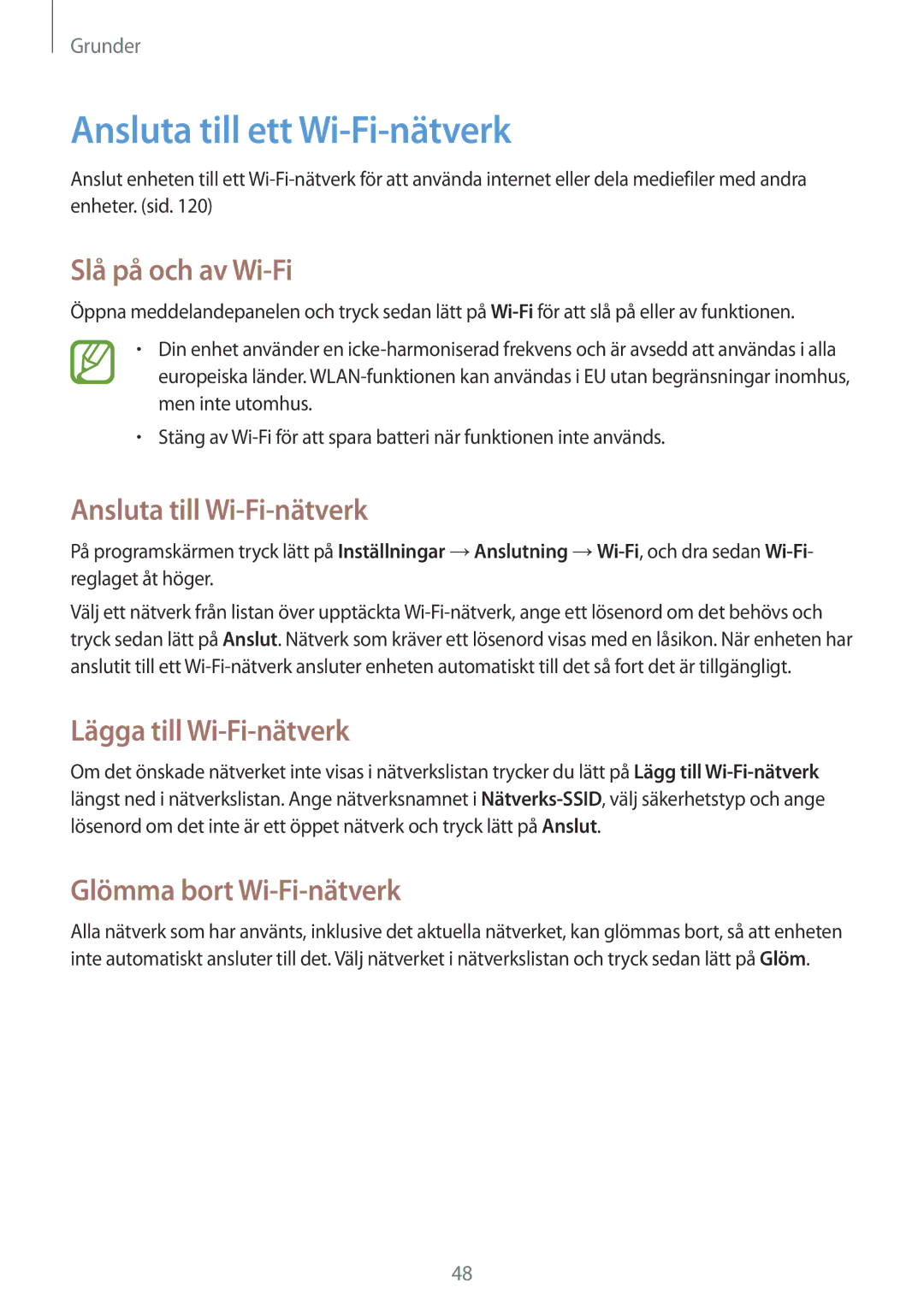 Samsung GT-N7105ZRDNEE, GT-N7105RWDNEE Ansluta till ett Wi-Fi-nätverk, Slå på och av Wi-Fi, Ansluta till Wi-Fi-nätverk 