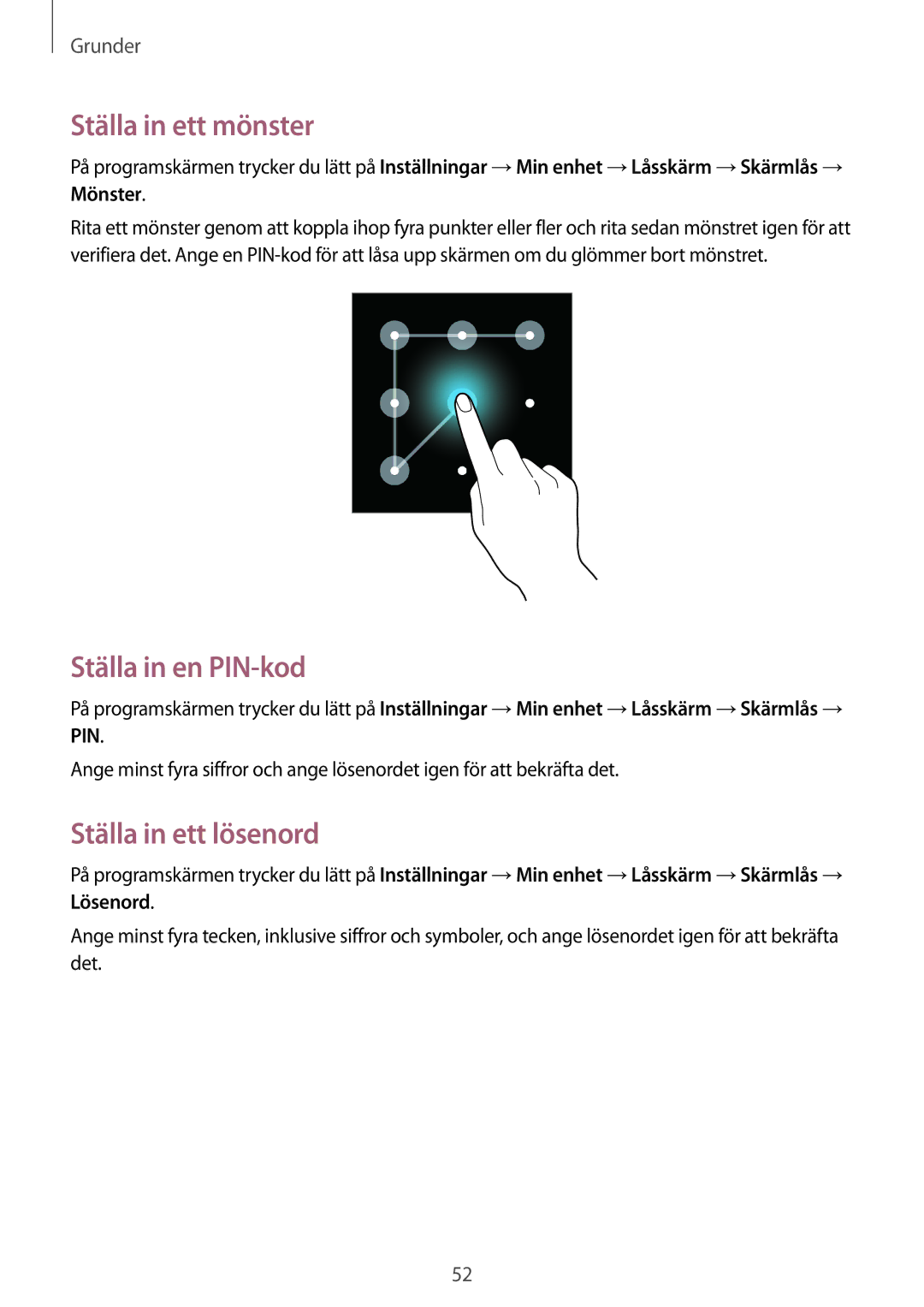 Samsung GT-N7105RWDTLA, GT-N7105RWDNEE, GT-N7105TADNEE Ställa in ett mönster, Ställa in en PIN-kod, Ställa in ett lösenord 