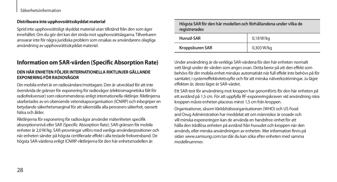 Samsung GT-N7105TADNEE Information om SAR-värden Specific Absorption Rate, Distribuera inte upphovsrättsskyddat material 