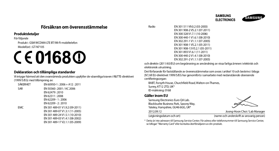 Samsung GT-N7105ZNDNEE, GT-N7105RWDNEE, GT-N7105TADNEE, GT-N7105ZBDNEE, GT-N7105ZRDNEE manual Försäkran om överensstämmelse 