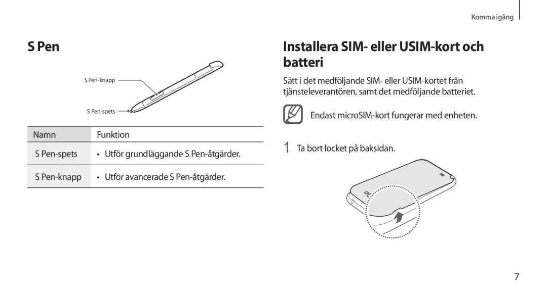 Samsung GT-N7105RWDTLA, GT-N7105RWDNEE, GT-N7105TADNEE, GT-N7105ZBDNEE manual Pen, Installera SIM- eller USIM-kort och batteri 