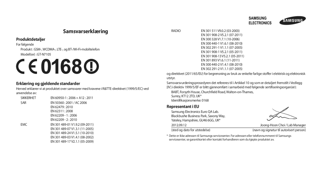 Samsung GT-N7105TADVDS, GT-N7105RWDNEE manual Produktdetaljer, Erklæring og gjeldende standarder, Representant i EU 