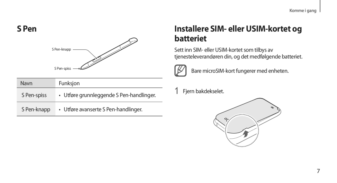 Samsung GT-N7105TADTLA, GT-N7105RWDNEE, GT-N7105TADNEE, GT-N7105ZBDNEE Pen, Installere SIM- eller USIM-kortet og batteriet 