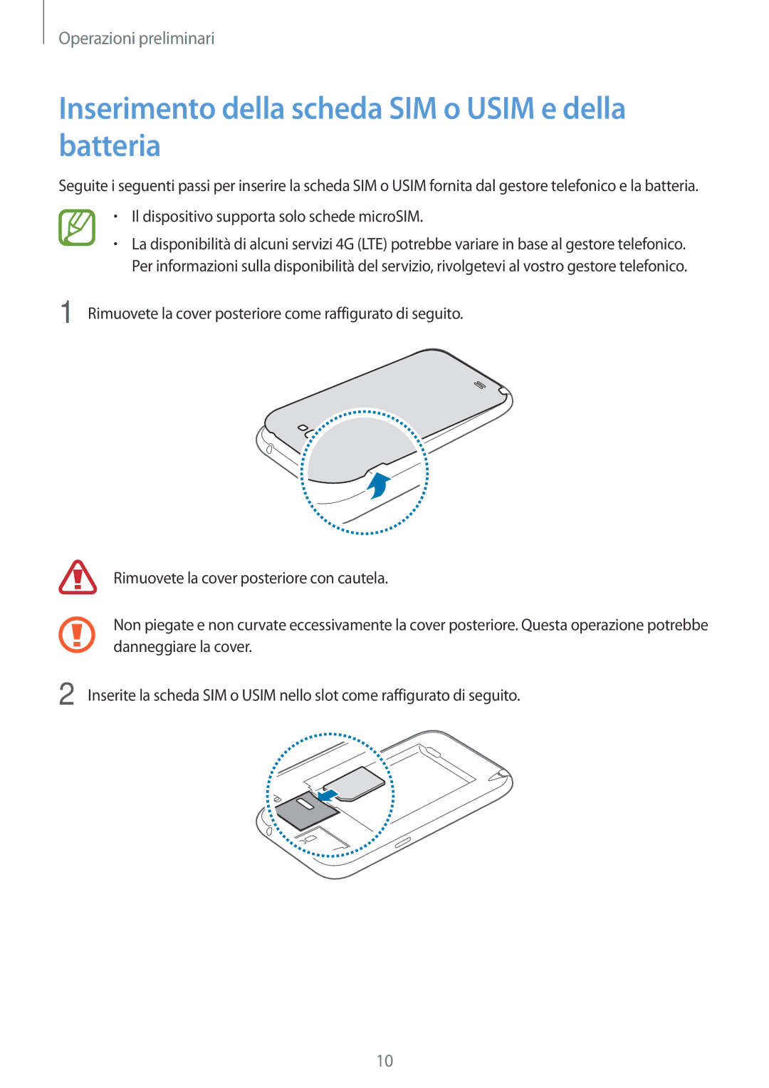 Samsung GT-N7105RWDHUI Inserimento della scheda SIM o Usim e della batteria, Il dispositivo supporta solo schede microSIM 