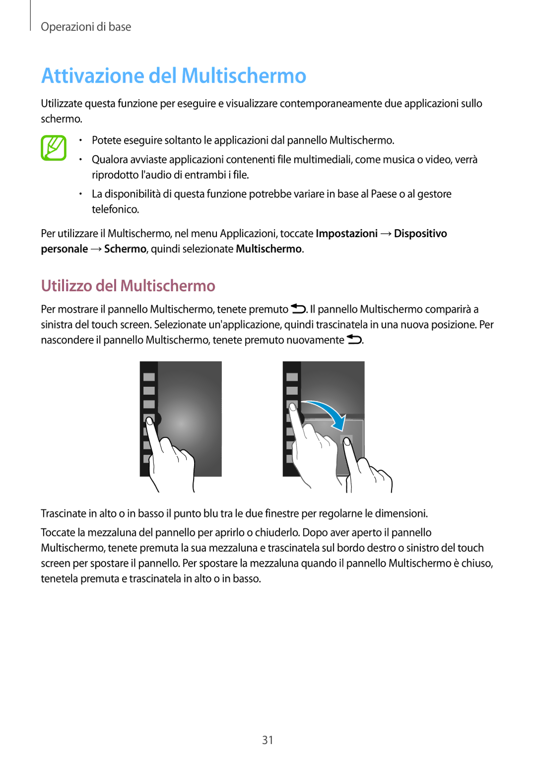 Samsung GT-N7105TADHUI, GT-N7105RWDNEE, GT-N7105TADOMN manual Attivazione del Multischermo, Utilizzo del Multischermo 