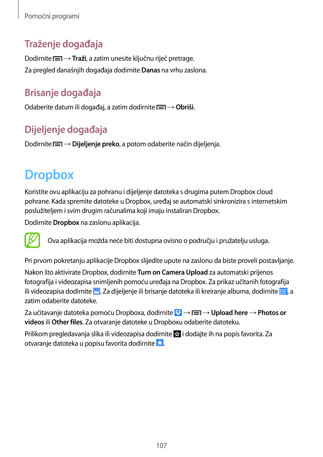 Samsung GT-N7105TADVIP, GT-N7105RWDVIP manual Dropbox, Traženje događaja, Brisanje događaja, Dijeljenje događaja 