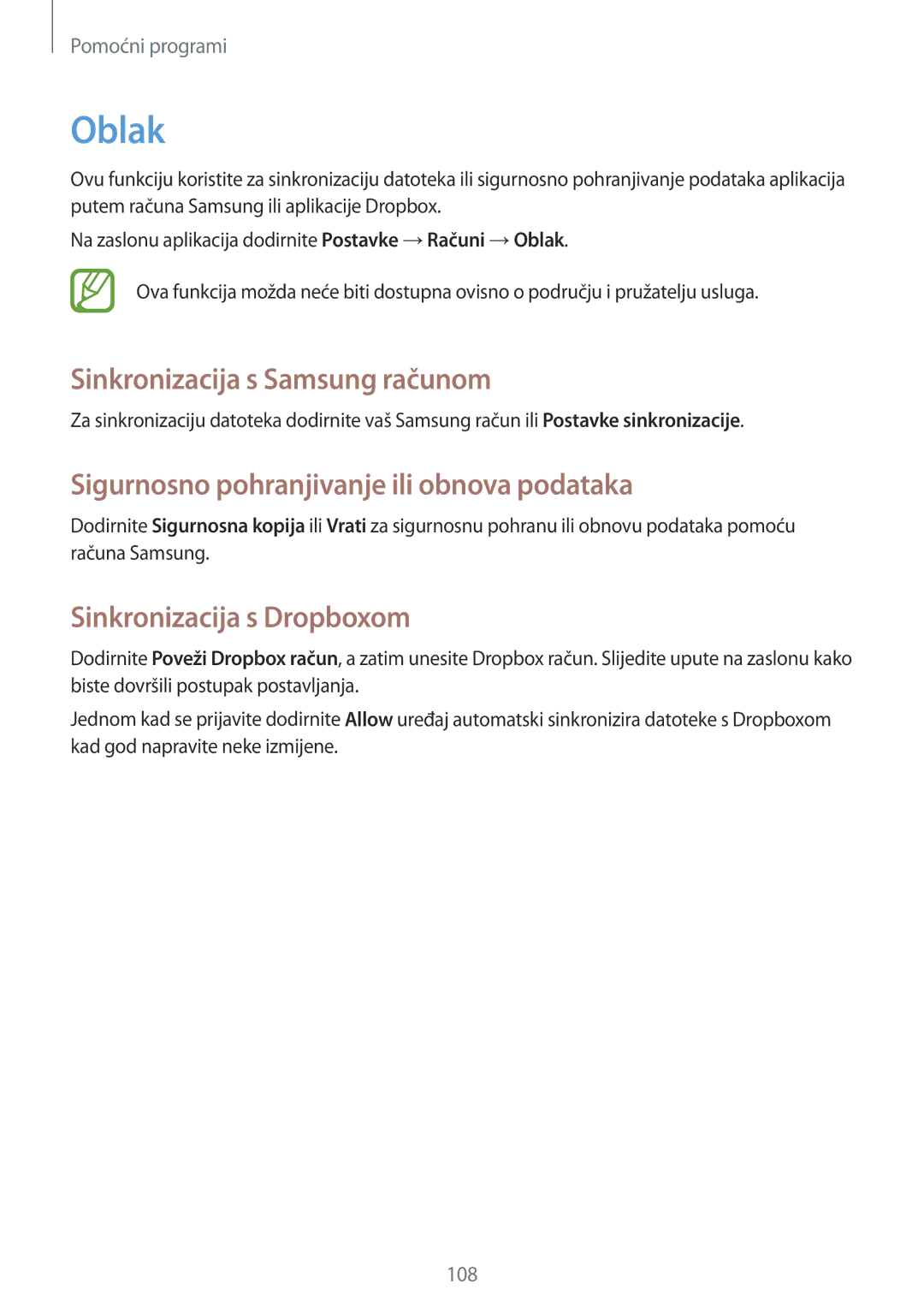 Samsung GT-N7105RWDVIP manual Oblak, Sinkronizacija s Samsung računom, Sigurnosno pohranjivanje ili obnova podataka 