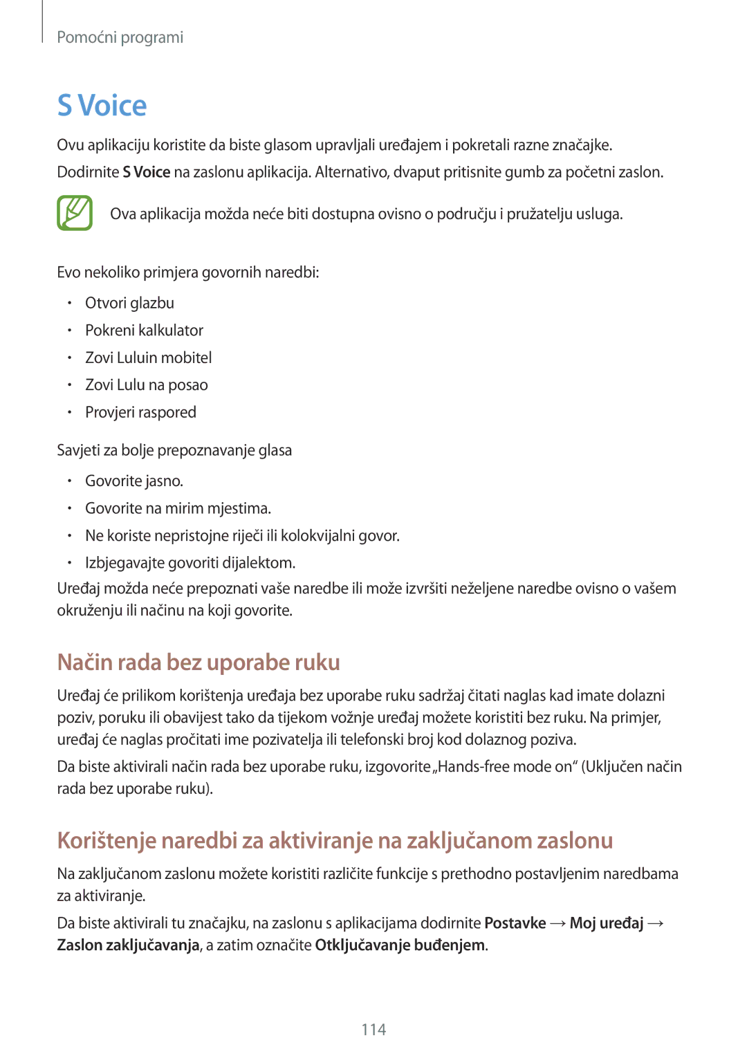 Samsung GT-N7105RWDVIP manual Voice, Način rada bez uporabe ruku, Korištenje naredbi za aktiviranje na zaključanom zaslonu 