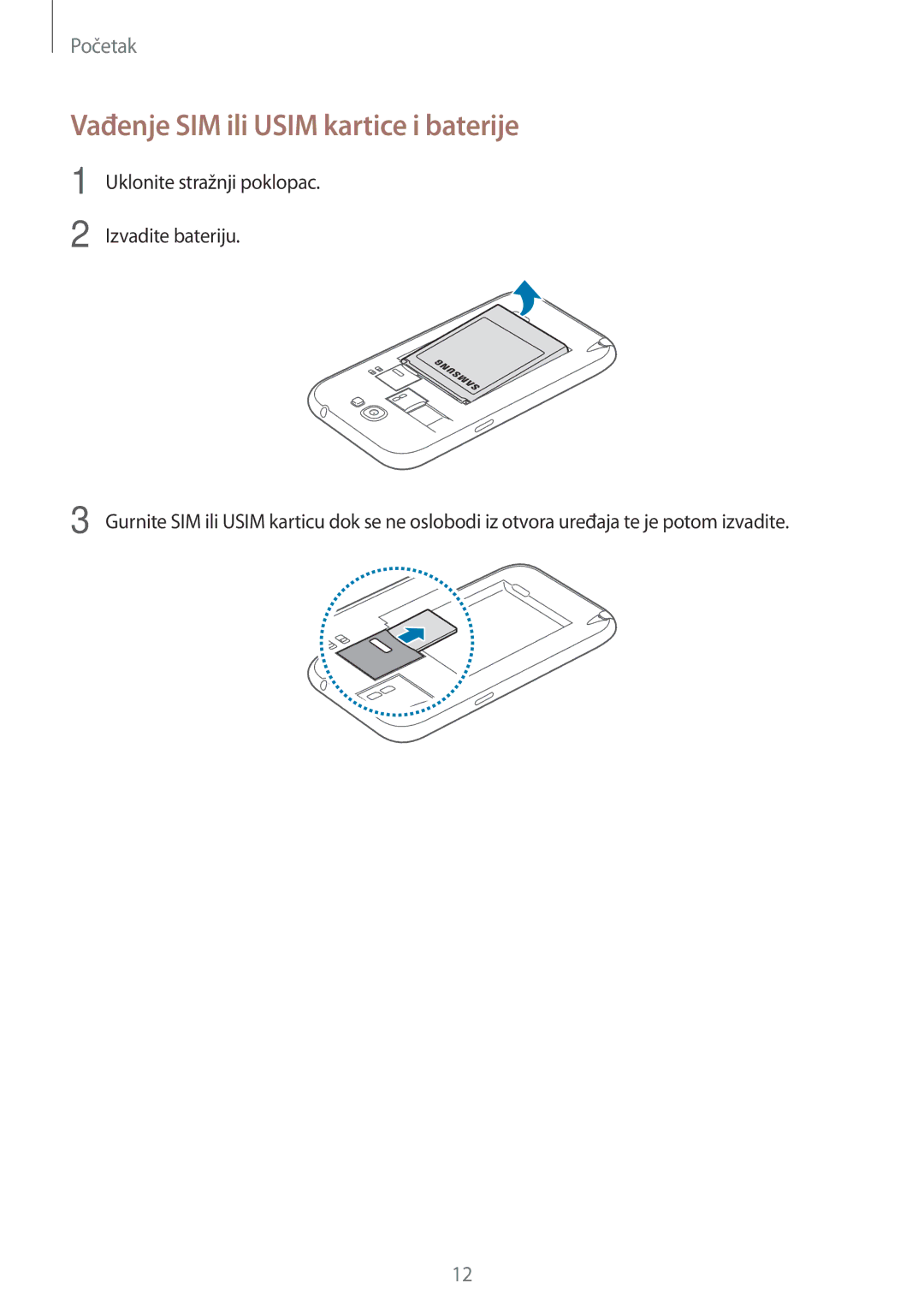 Samsung GT-N7105RWDVIP, GT-N7105TADVIP manual Vađenje SIM ili Usim kartice i baterije 