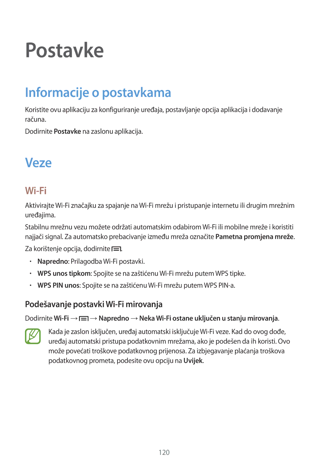 Samsung GT-N7105RWDVIP, GT-N7105TADVIP manual Informacije o postavkama, Veze, Podešavanje postavki Wi-Fi mirovanja 