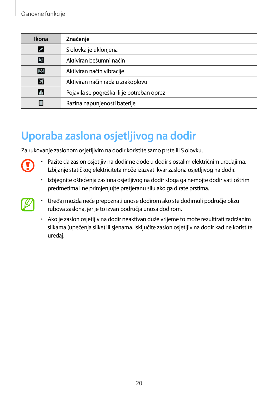 Samsung GT-N7105RWDVIP, GT-N7105TADVIP manual Uporaba zaslona osjetljivog na dodir, Osnovne funkcije 