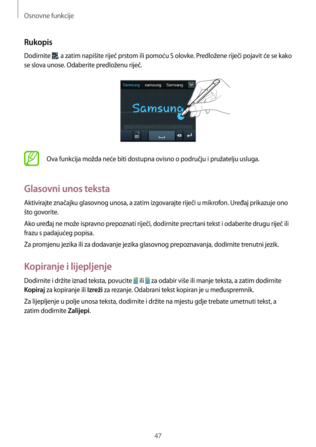 Samsung GT-N7105TADVIP, GT-N7105RWDVIP manual Glasovni unos teksta, Kopiranje i lijepljenje, Rukopis 