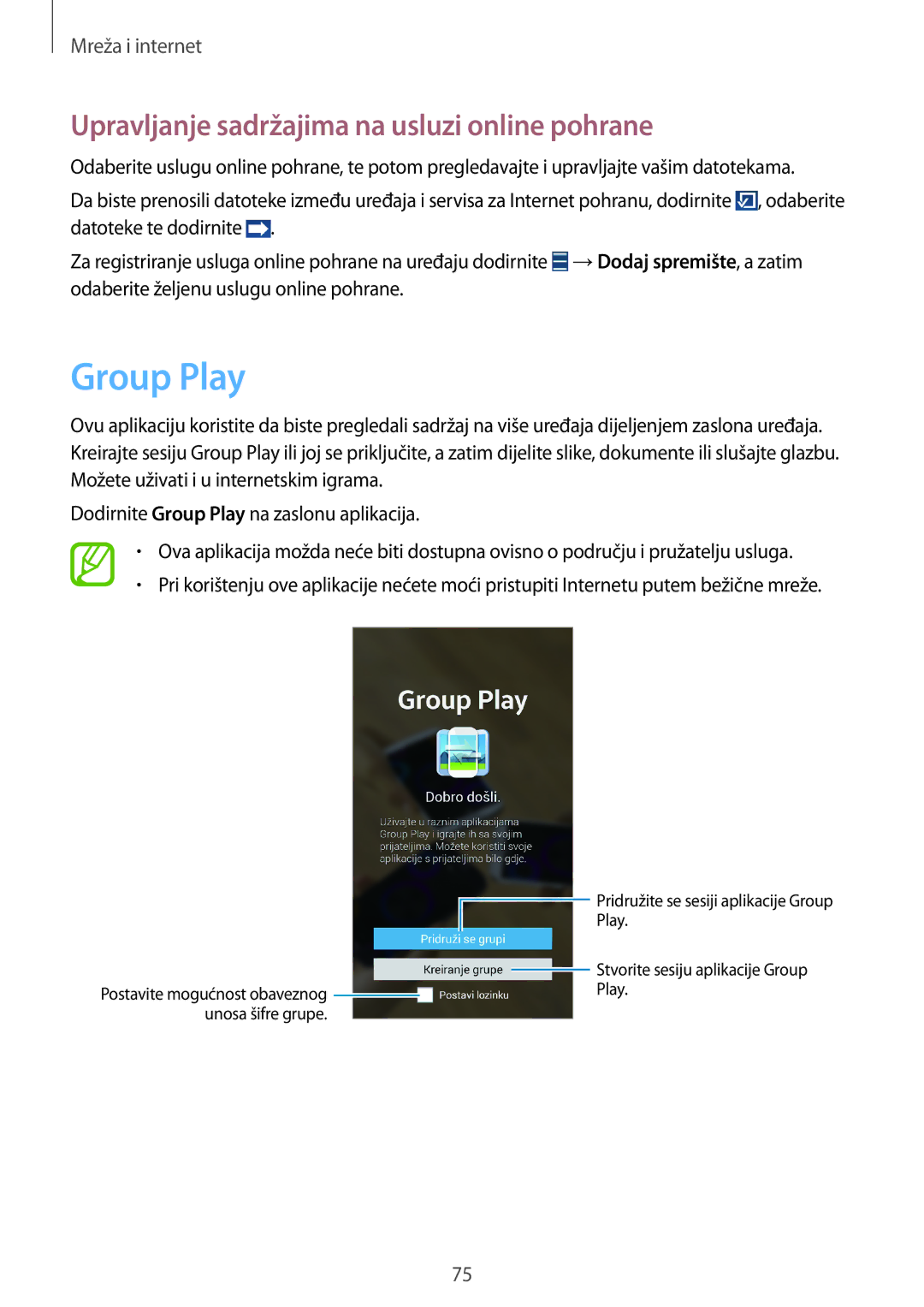 Samsung GT-N7105TADVIP, GT-N7105RWDVIP manual Group Play, Upravljanje sadržajima na usluzi online pohrane 