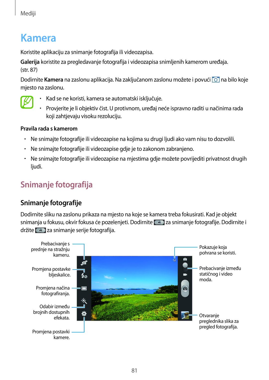 Samsung GT-N7105TADVIP, GT-N7105RWDVIP manual Kamera, Snimanje fotografija, Snimanje fotografije, Pravila rada s kamerom 