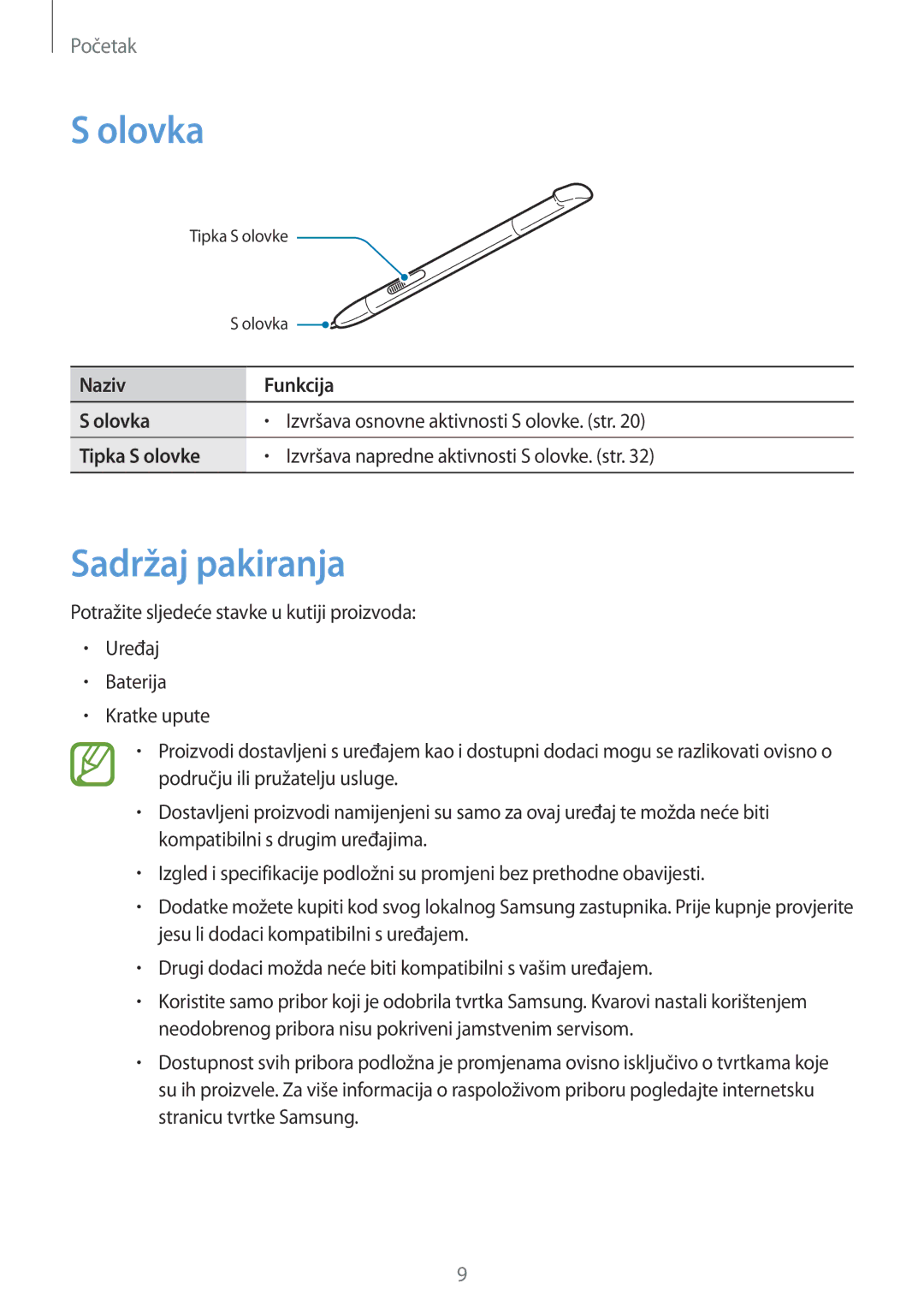 Samsung GT-N7105TADVIP, GT-N7105RWDVIP manual Olovka, Sadržaj pakiranja 