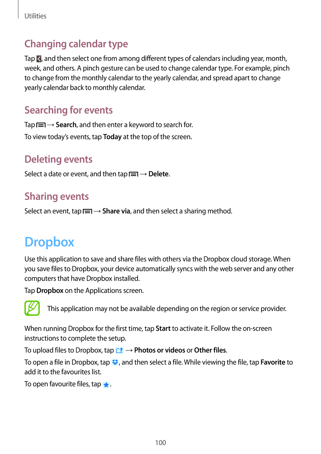 Samsung GT-N7105TADDTM manual Dropbox, Changing calendar type, Searching for events, Deleting events, Sharing events 