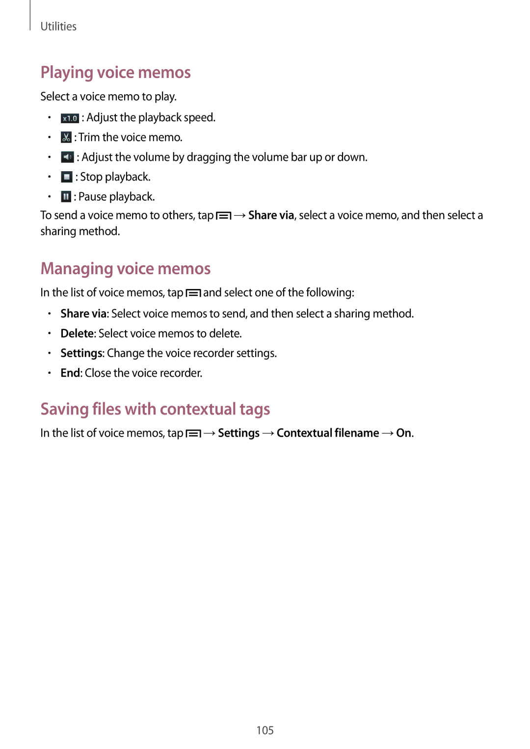 Samsung GT-N7105TADVD2, GT-N7105TADPRT manual Playing voice memos, Managing voice memos, Saving files with contextual tags 