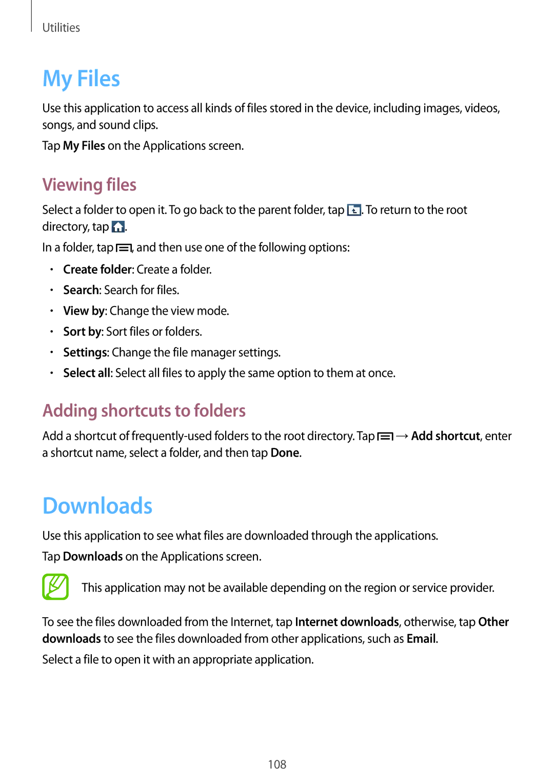 Samsung GT-N7105RWDDTM, GT-N7105TADPRT, GT-N7105TADOPT manual My Files, Downloads, Viewing files, Adding shortcuts to folders 