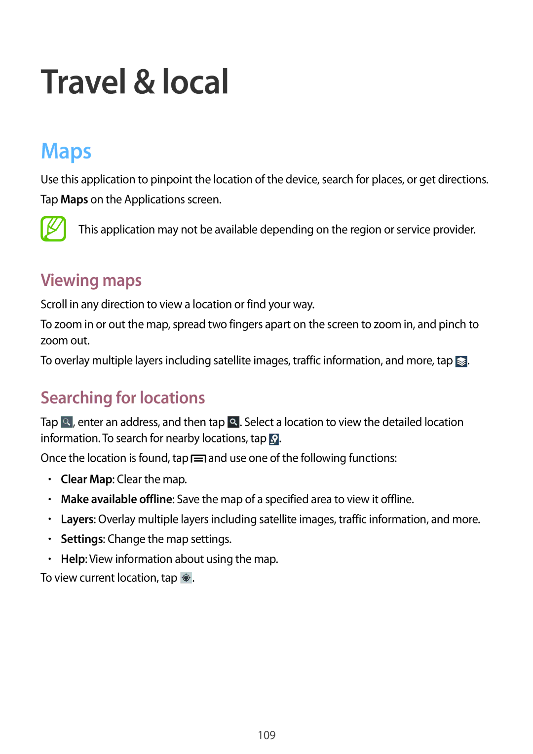 Samsung GT-N7105RWDTPH, GT-N7105TADPRT, GT-N7105TADOPT manual Travel & local, Maps, Viewing maps, Searching for locations 