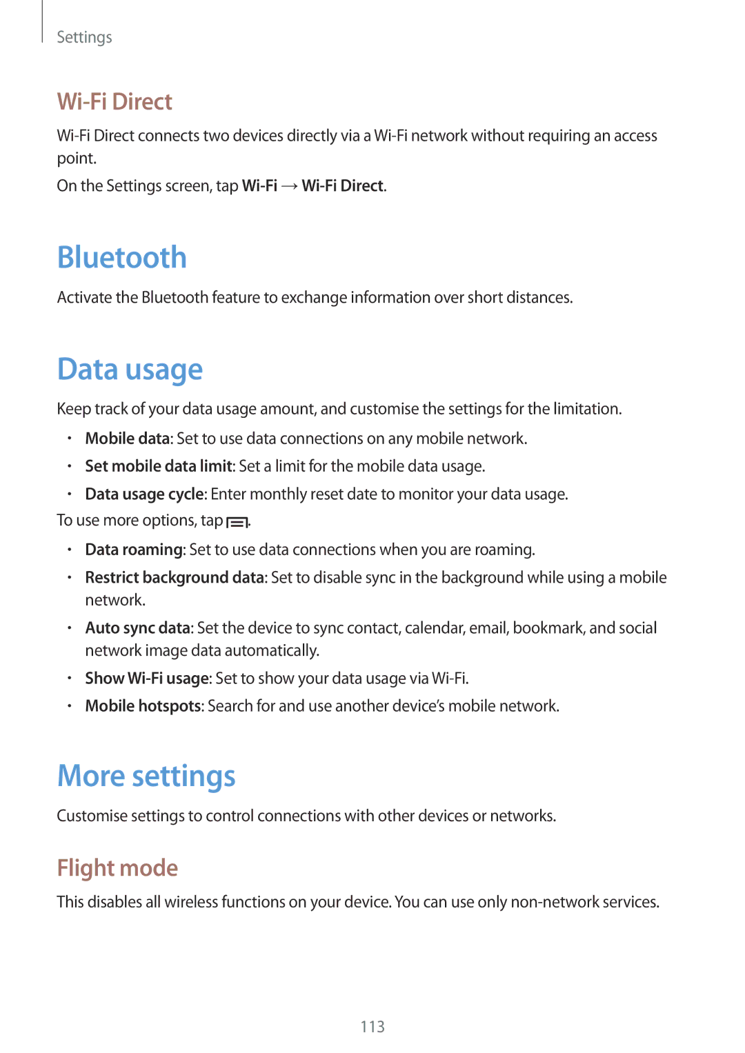 Samsung GT-N7105RWDSFR, GT-N7105TADPRT, GT-N7105TADOPT, GT-N7105RWDVD2 Data usage, More settings, Wi-Fi Direct, Flight mode 