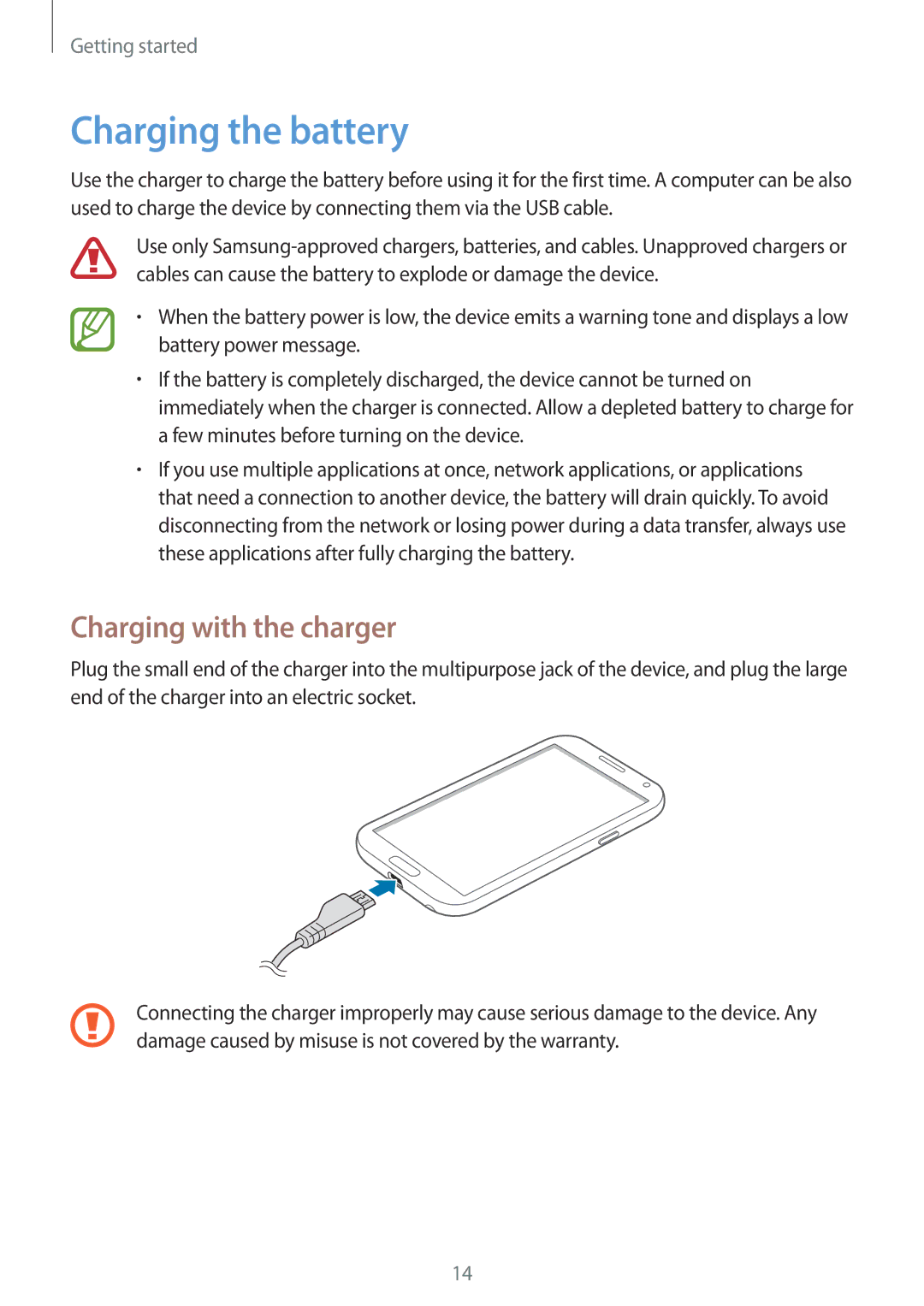 Samsung GT-N7105RWDTPH, GT-N7105TADPRT, GT-N7105TADOPT, GT-N7105RWDVD2 manual Charging the battery, Charging with the charger 