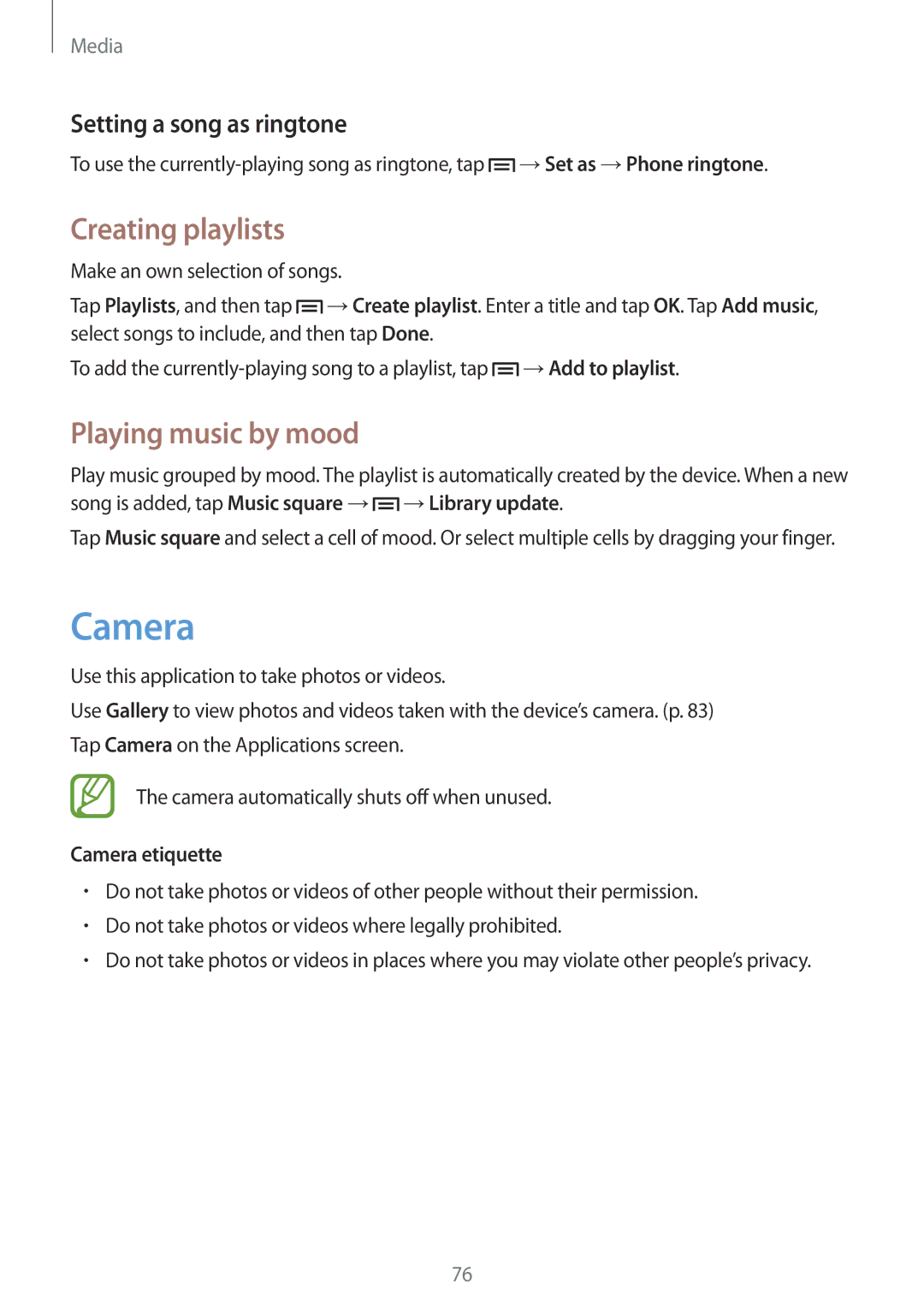 Samsung GT-N7105TADPRT manual Creating playlists, Playing music by mood, Setting a song as ringtone, Camera etiquette 